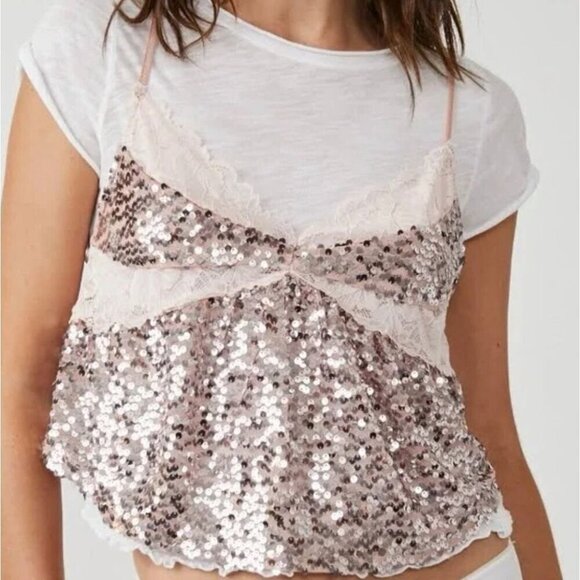 New Free People Women's Size M Right Rhythm Sequin Cami Top, CHAMPAGNE COMBO - Picture 3 of 13